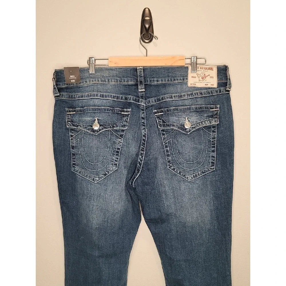 True Religion Men's Blue Rocco Dark Wash Relaxed Skinny Flap Jeans Size 40x33
